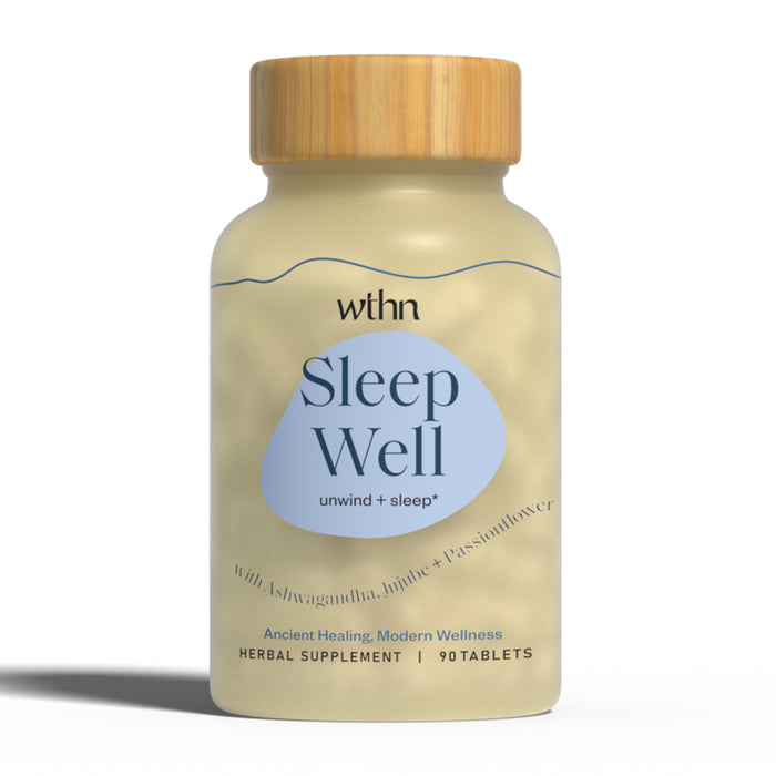 A beige bottle with a wooden cap labeled Sleep Well by WTHN, featuring text about herbal supplements for unwinding and sleep with ashwagandha, jujube, and passionflower, containing 90 tablets.