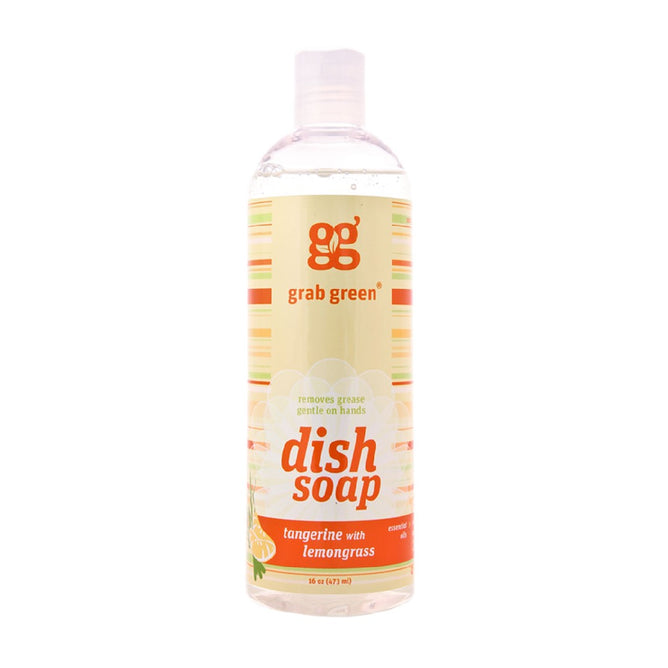 The 16-ounce Grab Green Liquid Dish Soap comes in a clear bottle with a red and orange label, highlighting removes grease gentle on hands and tangerine with lemongrass, featuring a powerful grease-cutting, clean-rinse formula.