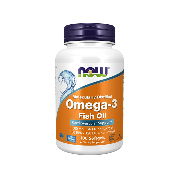 A white bottle of NOW Omega-3 Fish Oil softgels, labeled Molecularly Distilled. The label highlights 1,000 mg fish oil per softgel, 100 softgels, and mentions cardiovascular support.