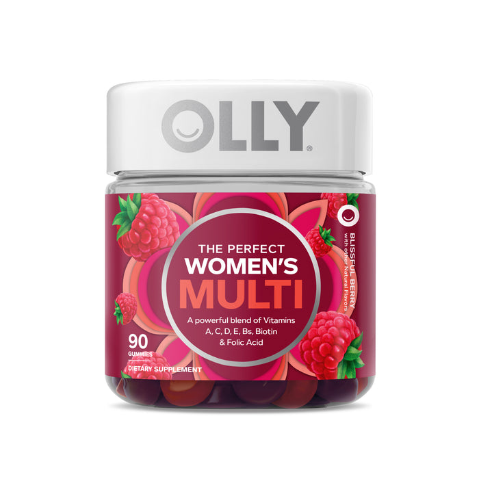 A jar of OLLY The Perfect Women’s Multi vitamins, featuring a white lid and a vibrant label with images of raspberries and text highlighting a blend of vitamins and 90 gummies inside.