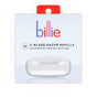 The packaging for billies Women’s Razor 5-Blade Refills features 8x and a calming cartridge image, highlighting ultra-sharp blades with comforting aloe shave soap. A unique red tab appears at the boxs top.