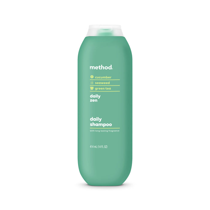 A green bottle of method Shampoo, Conditioner & Body Wash Starter Set - Daily Zen features cucumber, seaweed, green tea, a simple label, and a translucent flip-top cap. The bottle contains 414 mL (14 fl oz).