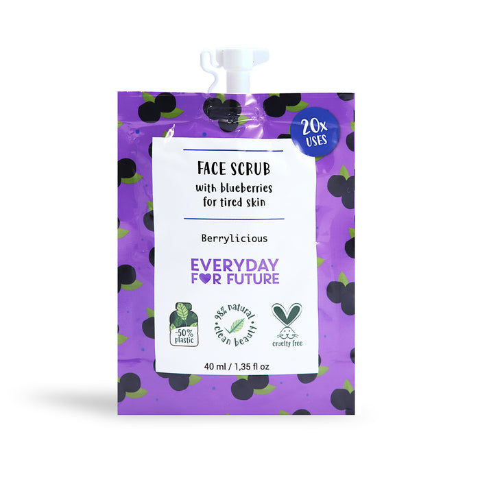 A purple pouch labeled “Face Scrub with blueberries for tired skin” from EVERYDAY FOR FUTURE. The packaging features blueberry graphics, eco-friendly and cruelty-free symbols, and states 20 uses and 40 ml size.