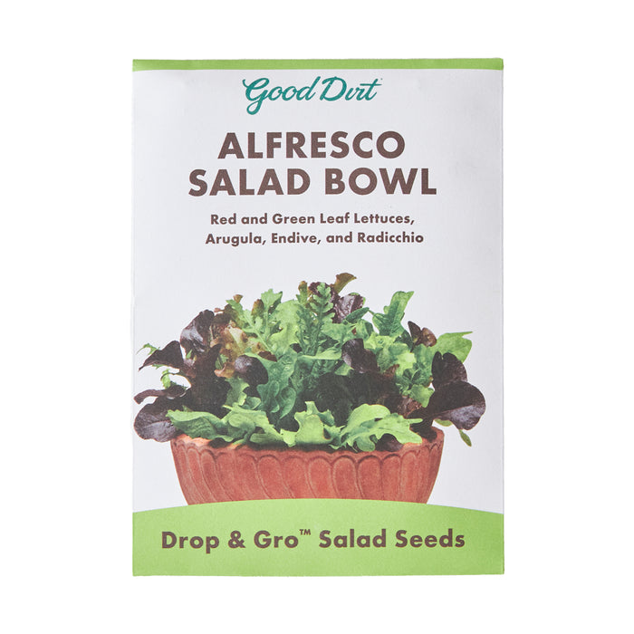 Seed packet labeled Good Dirt Alfresco Salad Bowl Drop & Gro Salad Seeds, featuring an image of assorted leafy greens in a bowl, including red and green lettuces, arugula, endive, and radicchio.