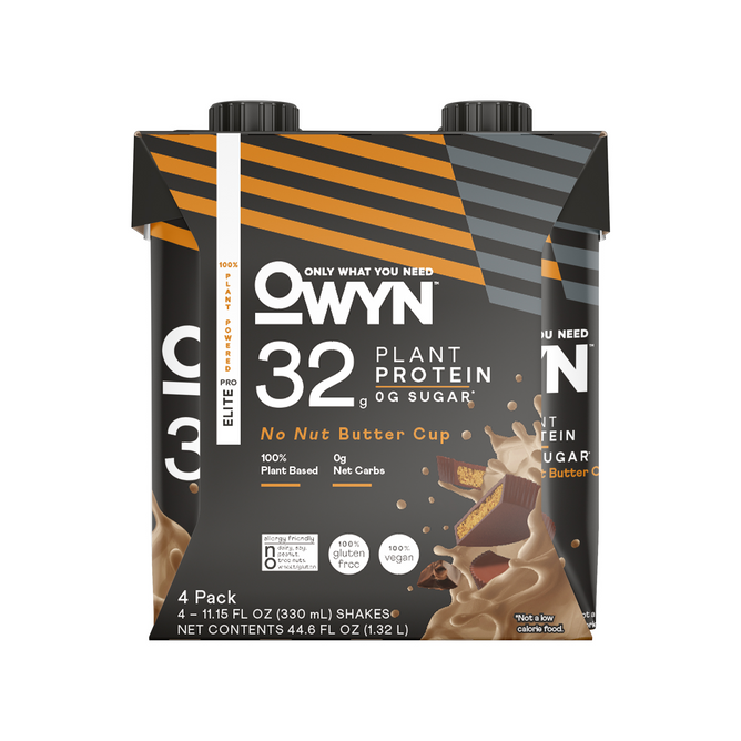 The OWYN Elite Protein Shake, 32G in No Nut Butter Cup flavor features packaging with creamy swirls and a split protein bar design. It highlights being 100% Plant-Based, Keto-friendly, and has 0g Sugar plus Omega-3 ALA benefits. Each package contains four 11.15 fl oz shakes.