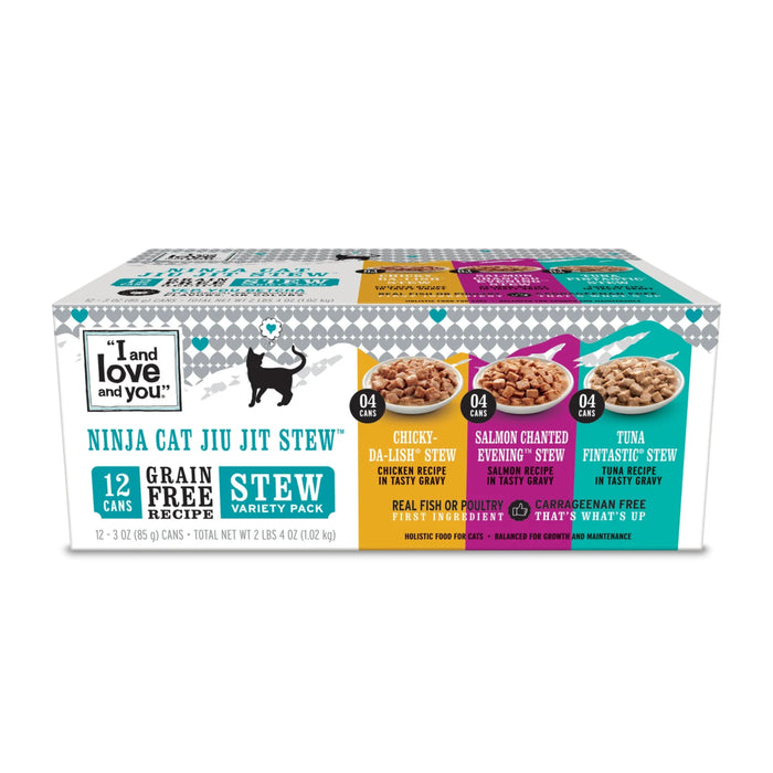 A 12-can variety pack of “I and love and you” Ninja Cat Jiu Jit Stew grain-free cat food. Flavors include chicken, salmon, and tuna stews. The box shows images of the stew and playful cat graphics.
