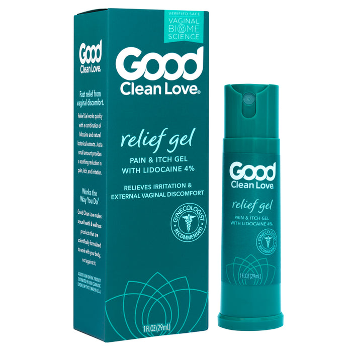 A teal box and bottle of Good Clean Love Relief Gel, labeled as a pain and itch gel with lidocaine 4%. The packaging highlights relief for vaginal discomfort and irritation, and features medical endorsements.