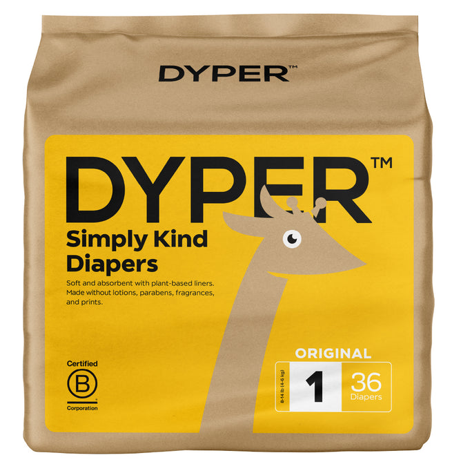 A brown package of DYPER Simply Kind Diapers with a yellow label featuring a stylized giraffe. This pack contains 36 size 1 plant-based, chlorine-free, eco-friendly diapers and is B Corporation certified.