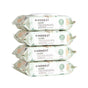 Four packs of The Honest Company Clean Conscious™ Wipes are stacked. Each fragrance-free pack has 72 hypoallergenic wipes suitable for sensitive skin. The light green packaging with abstract shapes displays product details in English and French.