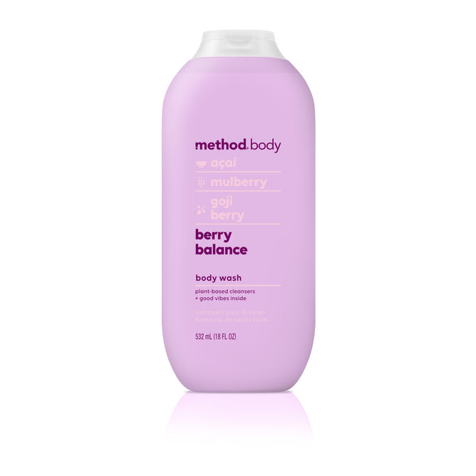 The method Body Wash in Berry Balance has plant-based cleansers and features acai, mulberry, and goji berry. Its a cruelty-free formula packaged in a pink 532 mL (18 fl oz) bottle with a white cap.