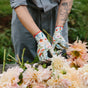 A person wearing floral gardening gloves and a gray jumpsuit cuts stems of large, pale peach dahlias on a wooden surface outdoors. Their arm shows a flower tattoo.