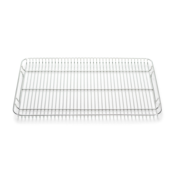 A rectangular stainless steel cooling rack with evenly spaced parallel wires and a raised edge, placed on a white background.