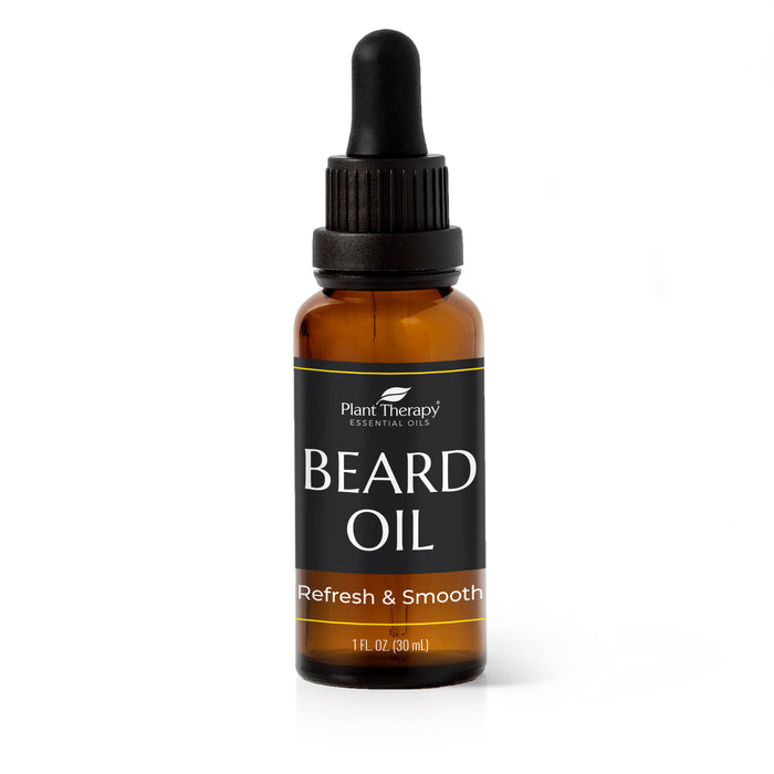 A brown glass dropper bottle labeled “Plant Therapy Essential Oils Beard Oil, Refresh & Smooth, 1 fl oz (30 ml)” stands upright on a white background.