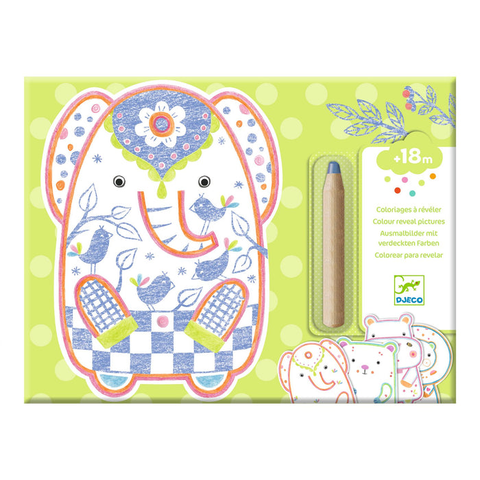 A colorful drawing set for children ages 18 months and up, featuring a large elephant illustration with floral and bird patterns, a wooden crayon, and a green polka-dot background.
