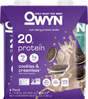 OWYN Protein Shake, 20G, features cookies & creamless flavor with 20g plant protein, 4g net carbs, and 5g fiber. Its gluten-free, contains superfood greens and vegan omega-3s. The packaging shows a shake splashing with cookie pieces and has only 170 calories per serving.