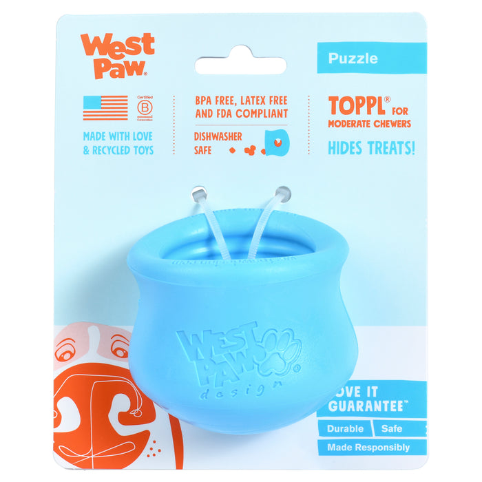 A blue West Paw Toppl treat-dispensing dog toy in packaging, labeled as BPA-free, latex-free, FDA compliant, dishwasher safe, and made from recycled toys; packaging also notes it is for moderate chewers.