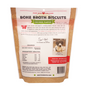 Back view of a Brutus Bone Broth Biscuits bag, chicken flavor, showing product details, nutritional info, feeding instructions, a dog photo, and branding. The packaging is brown with red and white accents.