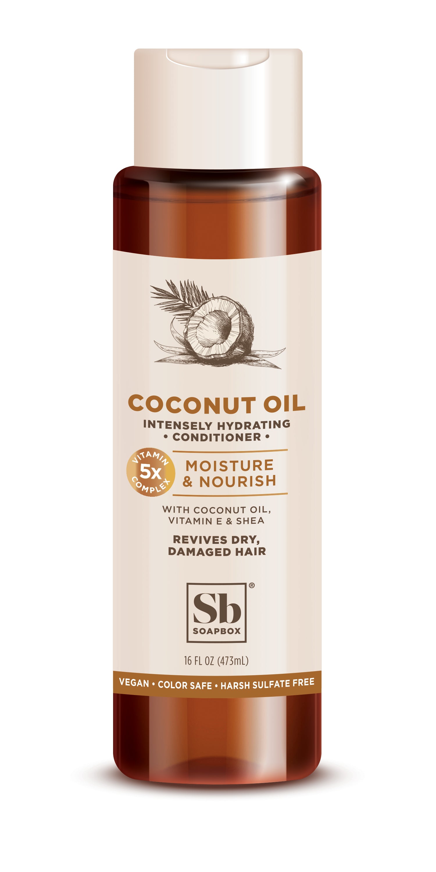 A brown bottle of Soapbox Coconut Oil Intensely Hydrating Conditioner with a label showing a coconut graphic, product details, and text highlighting moisture, nourishment, and benefits for dry, damaged hair.