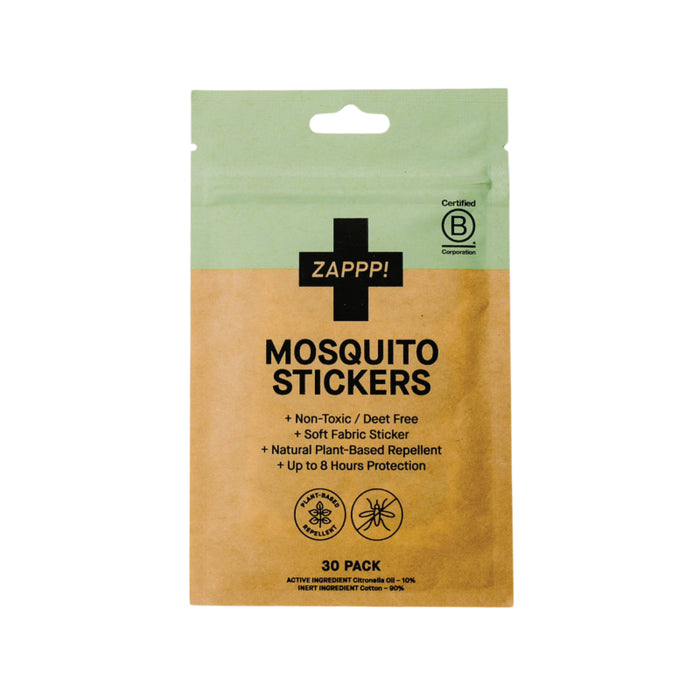 A pack of ZAPPP! Mosquito Stickers with a beige and green design, featuring text about being non-toxic, plant-based, and providing up to 8 hours of protection. The pack contains 30 stickers.