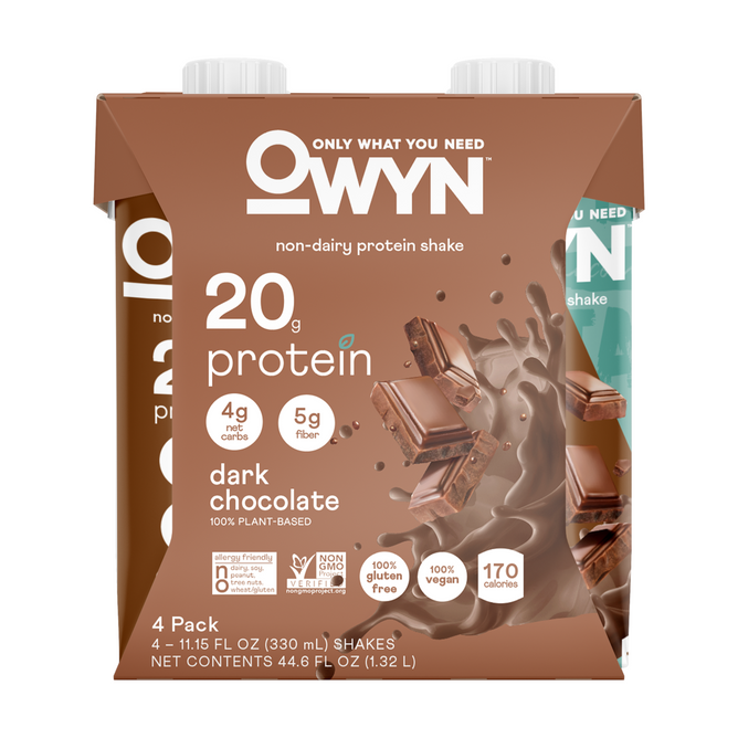 A 4-pack of OWYN Protein Shake, 20G offers a dark chocolate flavor with 20g of plant protein, 4g of carbs, and 5g of fiber at only 170 calories. The allergy-friendly package features icons for plant-based ingredients and gluten-free assurance.