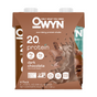 A 4-pack of OWYN Protein Shake, 20G offers a dark chocolate flavor with 20g of plant protein, 4g of carbs, and 5g of fiber at only 170 calories. The allergy-friendly package features icons for plant-based ingredients and gluten-free assurance.