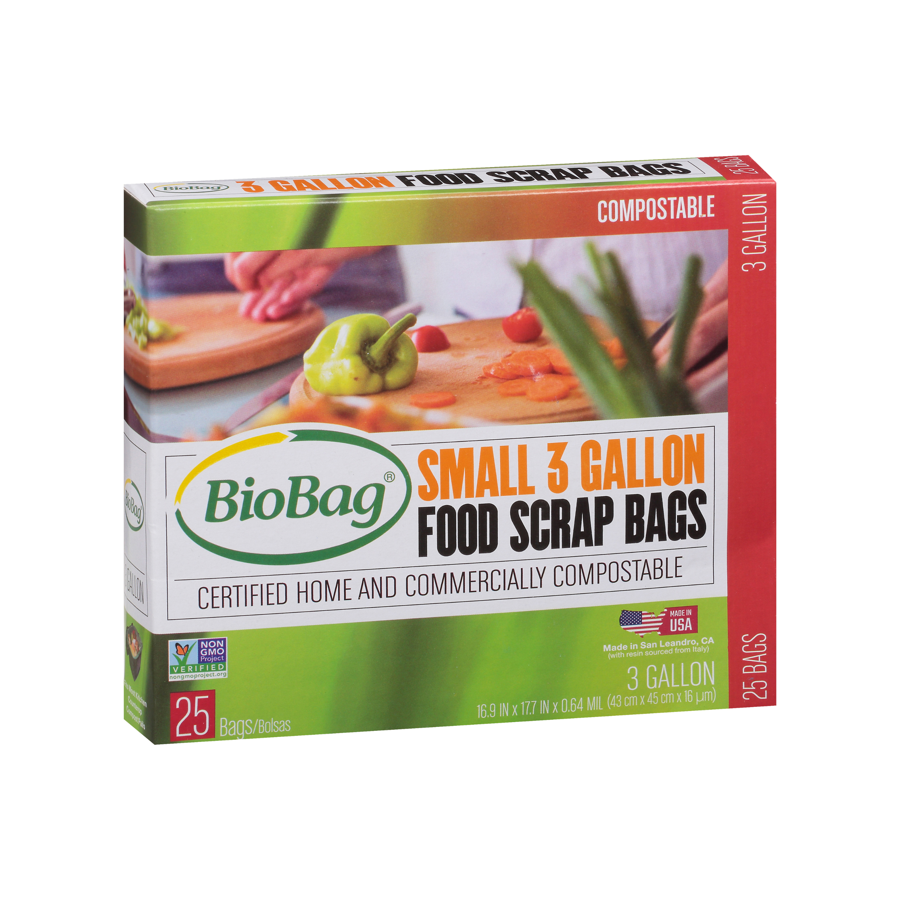 BioBags Compostable Food Scrap Bags are ideal for eco-friendly homes, showcasing a compostable design for home or commercial use. The 3-gallon box contains 25 bags, with a packaging image depicting hands chopping vegetables on a cutting board.