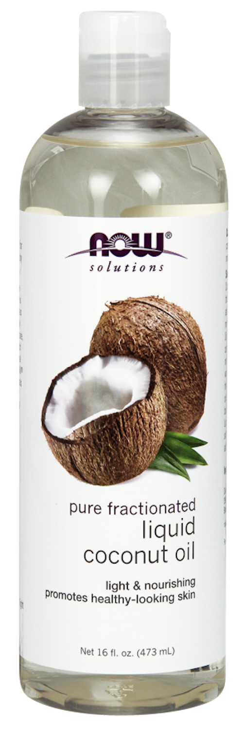 A clear plastic bottle of NOW Solutions pure fractionated liquid coconut oil with an image of coconuts on the label. The label describes it as light, nourishing, and for promoting healthy-looking skin.