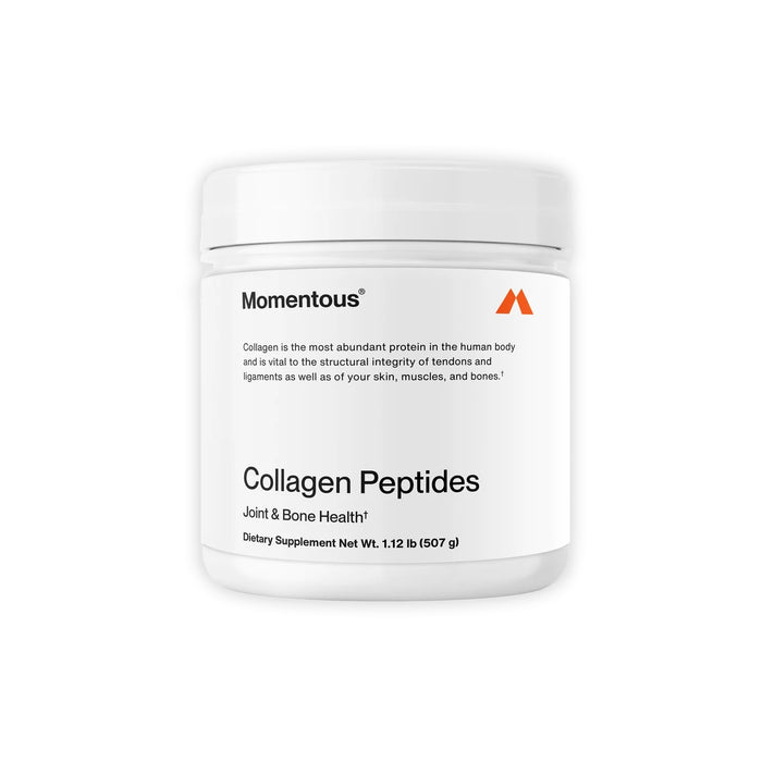 A white plastic container labeled Momentous Collagen Peptides dietary supplement, 1.12 lb (507 g). The label mentions joint and bone health benefits and includes a short product description.