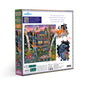 The image shows the back of an eeBoo Piece & Love Alchemist's Forest 1000 Piece Puzzle box, featuring magical house artwork, forest creatures, completed puzzle sample, and art by Vasilisa Romanenko.