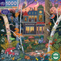 Alchemist's Forest 1000 Piece Puzzle by eeBoo Piece & Love showcases Vasilisa Romanenko’s colorful forest at dusk, with a Victorian house, woodland animals, mushrooms, and flowers beneath a magical pink and purple sky.