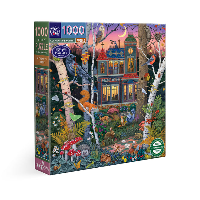 The Alchemist's Forest 1000 Piece Puzzle by eeBoo Piece & Love features Vasilisa Romanenko’s vibrant illustration of a whimsical house in a lively forest with animals, mushrooms, autumn leaves, a crescent moon, and birds in the sky.