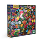 The Butterfly Still Life 1000 Piece Puzzle by eeBoo Piece & Love features vibrant flowers and butterflies in a vase, inspired by Naomi Devil. The box has bold, bright florals on a dark background.