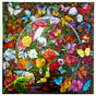The Butterfly Still Life 1000 Piece Puzzle by eeBoo Piece & Love features a vibrant scene of butterflies and flowers with a frog and two yellow birds at the base, set against a dark leafy background—an enchanting still life to assemble.