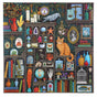The Alchemists Cabinet 1000 Piece Puzzle by eeBoo Piece & Love reveals a colorful, academia-inspired bookshelf filled with books, jars, curiosities, and a cat—all on a dark background and made from sustainably sourced materials.