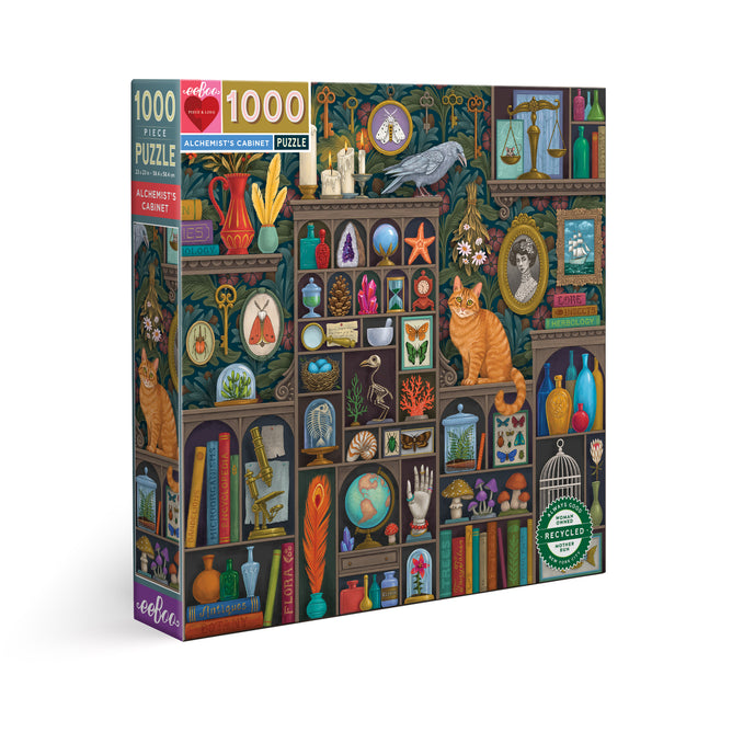 The Alchemists Cabinet 1000 Piece Puzzle by eeBoo Piece & Love features Vasilisa Romanenko’s illustrated cabinet of colorful curiosities and is made from sustainably sourced materials.