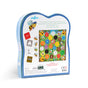 The back of the Bouncy Bees Shaped Game (eeBoo Piece & Love, Ages 3+) box shows colorful pieces, cards, a hexagonal board, playful bee illustrations, and contents list—designed to help kids learn colors while having fun.