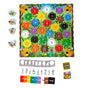 Bouncy Bees Shaped Game by eeBoo Piece & Love is a colorful board game for ages 3+ with numbered flower tiles, bee tokens, and shape, number, and color cards—including a STING! card—on a vibrant green board to help kids learn colors as they play.