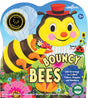 Cheerful bee in a red hat flies over flowers with a fence, ladybug, and butterfly. Text: Bouncy Bees Shaped Game by eeBoo Piece & Love—fun for ages 3+ to learn colors, shapes, and numbers.
