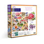 The Bountiful Mushrooms 1000 Piece Puzzle by eeBoo Piece & Love showcases colorful mushroom illustrations with informational text and a preview of finished pieces on the right side of the box.