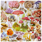 The Bountiful Mushrooms 1000 Piece Puzzle by eeBoo Piece & Love showcases detailed, labeled illustrations of colorful mushrooms and fungi, artfully arranged on a white background.