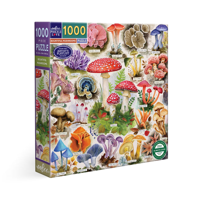The eeBoo Piece & Love "Bountiful Mushrooms 1000 Piece Puzzle" features illustrated, labeled mushrooms in vibrant watercolor on a white background, with the product name and brand shown at the top of the box.