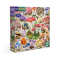 The eeBoo Piece & Love "Bountiful Mushrooms 1000 Piece Puzzle" features illustrated, labeled mushrooms in vibrant watercolor on a white background, with the product name and brand shown at the top of the box.