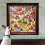 A small dog with a blue collar looks up at a framed eeBoo Piece & Love "Bountiful Mushrooms 1000 Piece Puzzle" hanging on a floral-patterned wall.