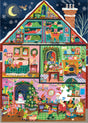 One piece is missing from your Christmas House 100 Piece Puzzle by eeBoo Piece & Love—a festive, colorful scene of elves, decorated rooms, gifts, and Santa reading his list.