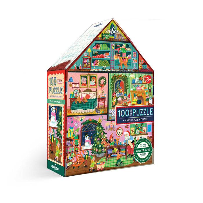 The eeBoo Piece & Love Christmas House 100 Piece Puzzle is a house-shaped box for ages 3+, featuring colorful festive rooms, a tree, animals, and decorations—perfect for holiday family fun.