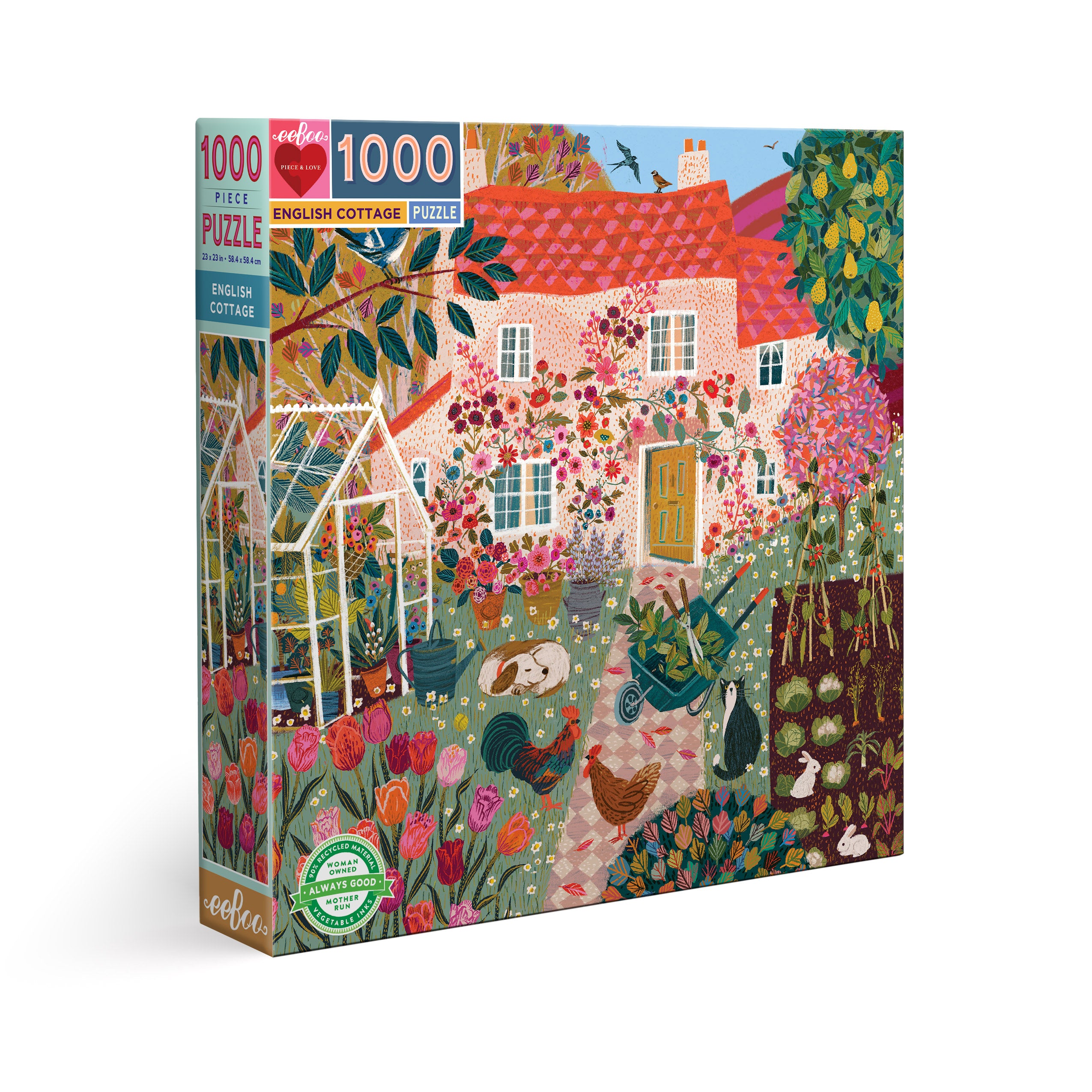 The eeBoo Piece & Love English Cottage 1000 Piece Jigsaw Puzzle features Victoria Ball’s colorful illustration of an English cottage and garden, with flowers, chickens, and greenery. Made from recycled materials.