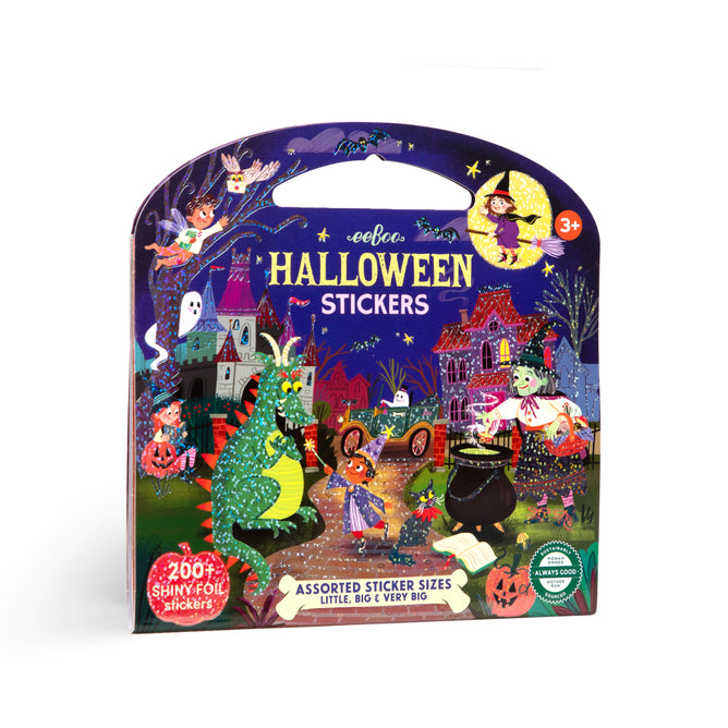 EeBoo Piece & Love Halloween Stickers: Over 200 holographic foil stickers with colorful costumed animals, a dragon, witch, cauldron, haunted houses, and a moon. The text says “Halloween Stickers.”.
