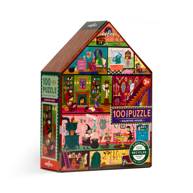 The eeBoo Piece & Love Haunted House Shaped 100 Piece Puzzle is a colorful, house-shaped jigsaw with ghosts, skeletons, and kids. Made from sustainably sourced materials, its ideal for ages 3+.