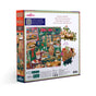 The back of the Holiday Bakery 1000 Piece Puzzle by eeBoo Piece & Love features Victoria Ball’s festive bakery art, sample piece, cookies, gingerbread houses, treats, and a QR code.