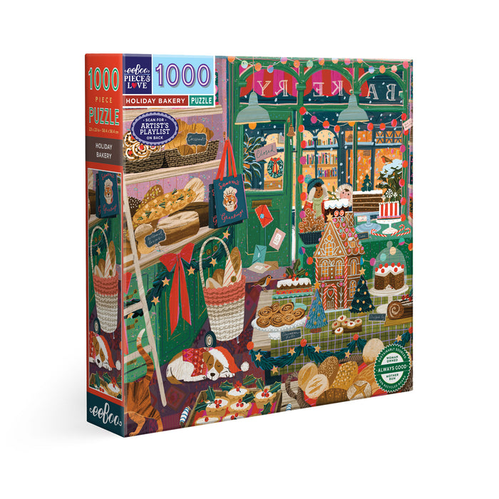 Holiday Bakery 1000 Piece Puzzle by eeBoo Piece & Love features Victoria Ball’s festive bakery scene with gingerbread houses, treats, and English Cottage-inspired windows in bright detail.